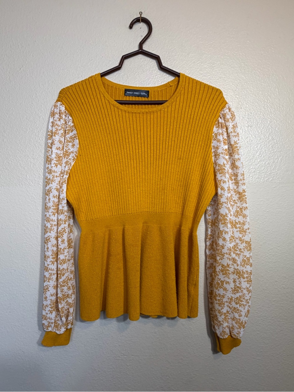 Sweet Halo Mustard Knit Peplum Top with Floral Sleeves